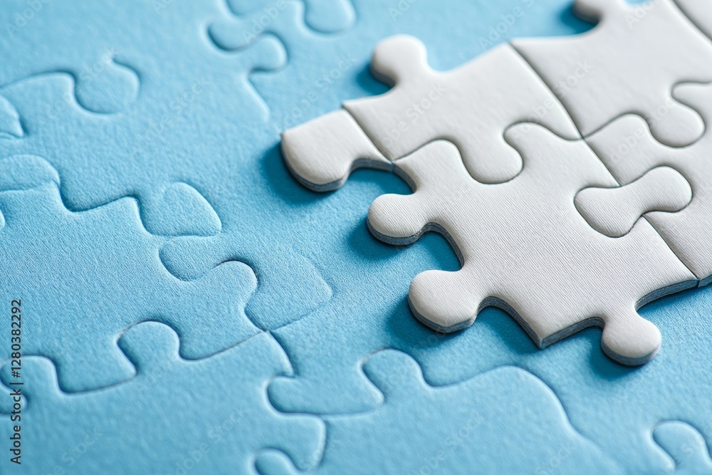 Puzzle pieces aligning on light blue background Puzzle pieces aligning on light blue background