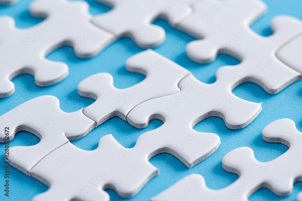 Close-up of interlocking white puzzle pieces on a vibrant blue background Close-up of interlocking white puzzle pieces on a vibrant blue background