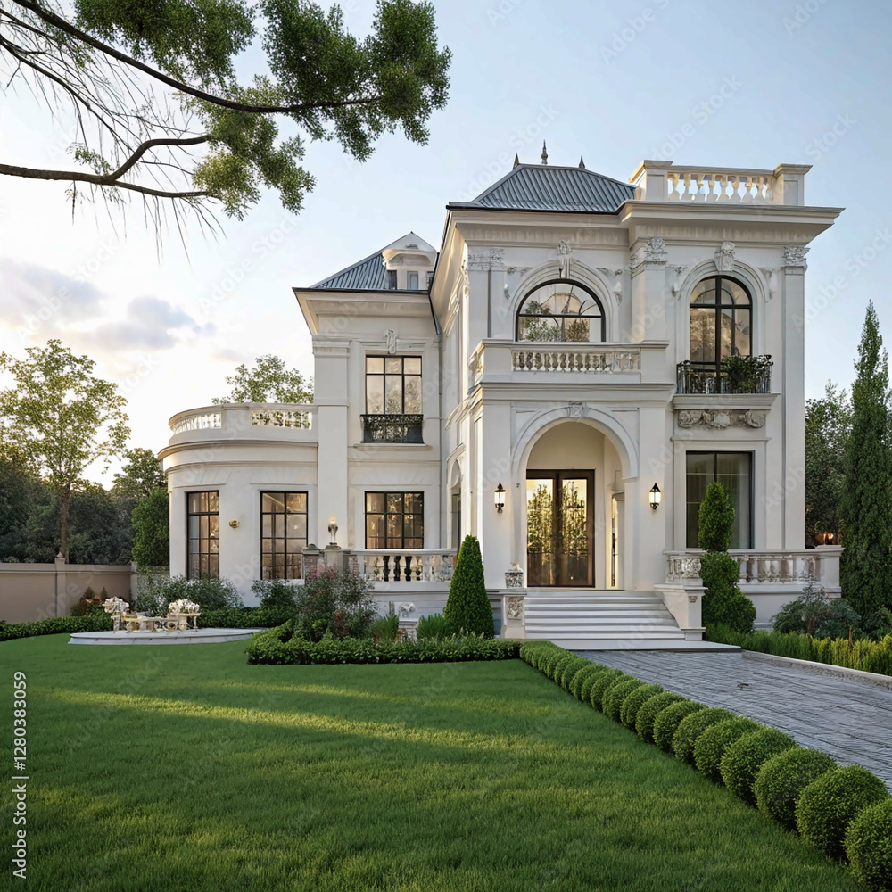 Fototapeta premium pavilion in the park, Old white colored town house with green lawn