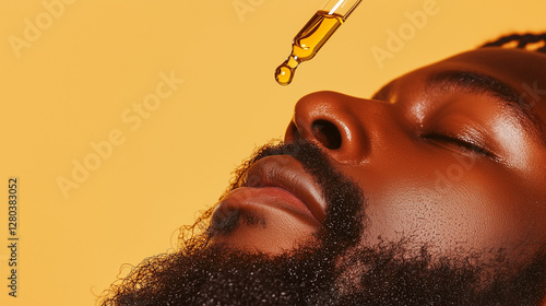 Man Taking Care of His Beard with Oil. Men’s grooming. Mens cosmetics photo, beauty industry advertising photo. photo