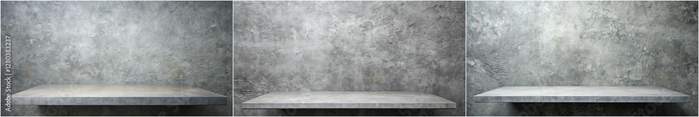 Fototapeta premium Three shelves with a gray background. The shelves are empty