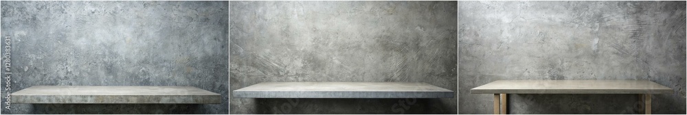 Three shelves are shown in a room with a grey wall. The shelves are empty and the room appears to be empty as well Three shelves are shown in a room with a grey wall. The shelves are empty and the room appears to be empty as well