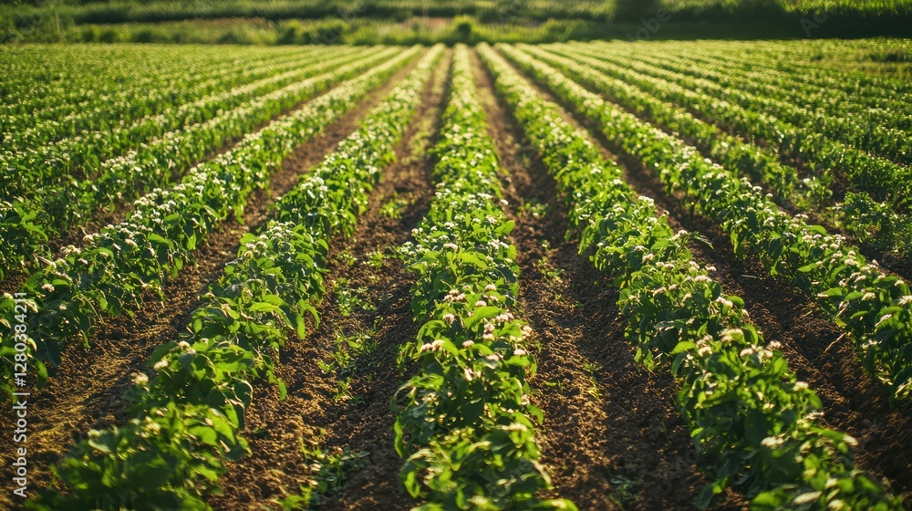 An orderly garden with evenly spaced rows of blooming flowers.