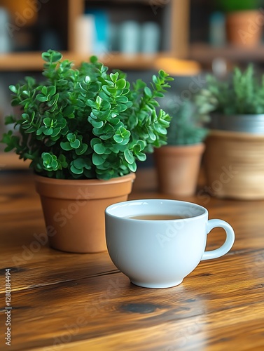 Wallpaper Mural Relaxing Tea Break with Green Plant Potted Torontodigital.ca