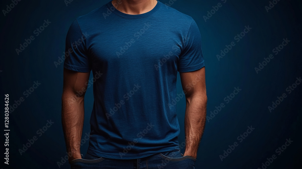 A muscular person stands confidently in a blue t-shirt against a dark background, exuding a relaxed yet stylish vibe A muscular person stands confidently in a blue t-shirt against a dark background, exuding a relaxed yet stylish vibe