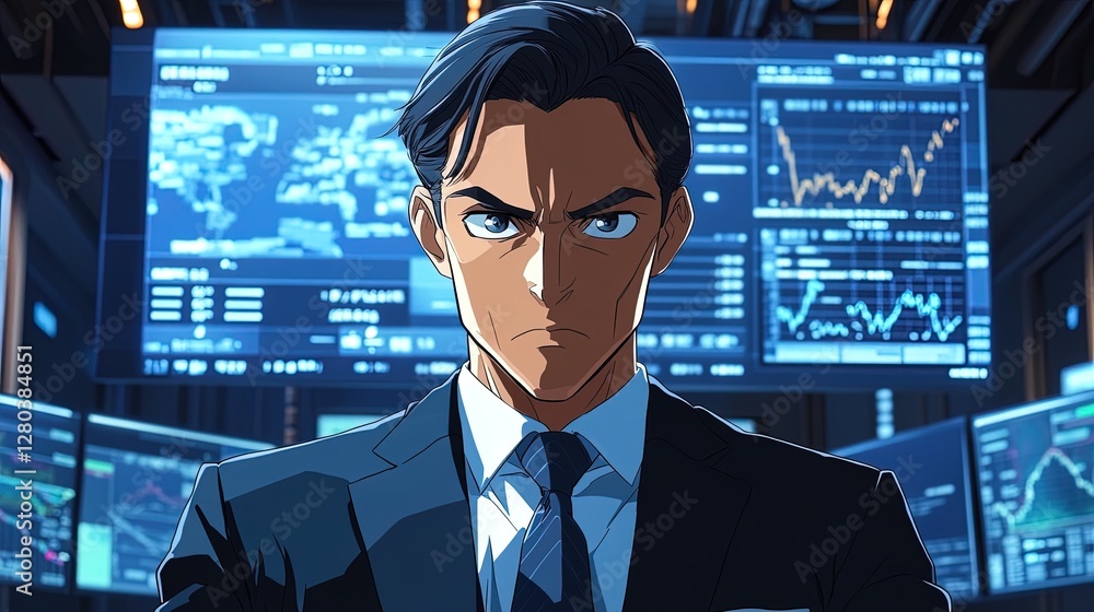 Fototapeta premium Analyst presenting charts in a meeting, high-tech screens, determined gaze