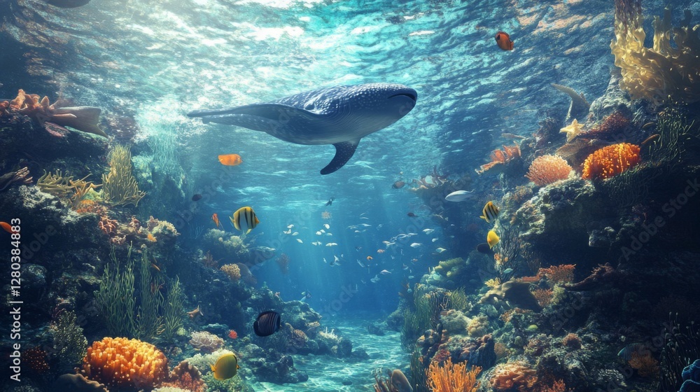 Fototapeta premium Whale Shark Swimming in Vibrant Coral Reef Underwater