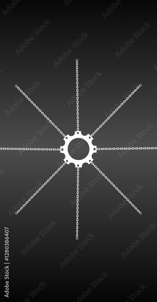 Single Gear Attached To Chains and Hanging In The Center Of The Image On A Dark Gradient Background. Illustration for Mechanic Background or Wallpaper
Single Gear Attached To Chains and Hanging In The Center Of The Image On A Dark Gradient Background. Illustration for Mechanic Background or Wallpaper
