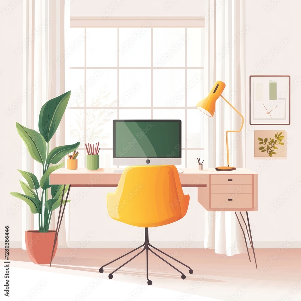 Fototapeta premium Modern home office with yellow chair, desk, and plants near window.