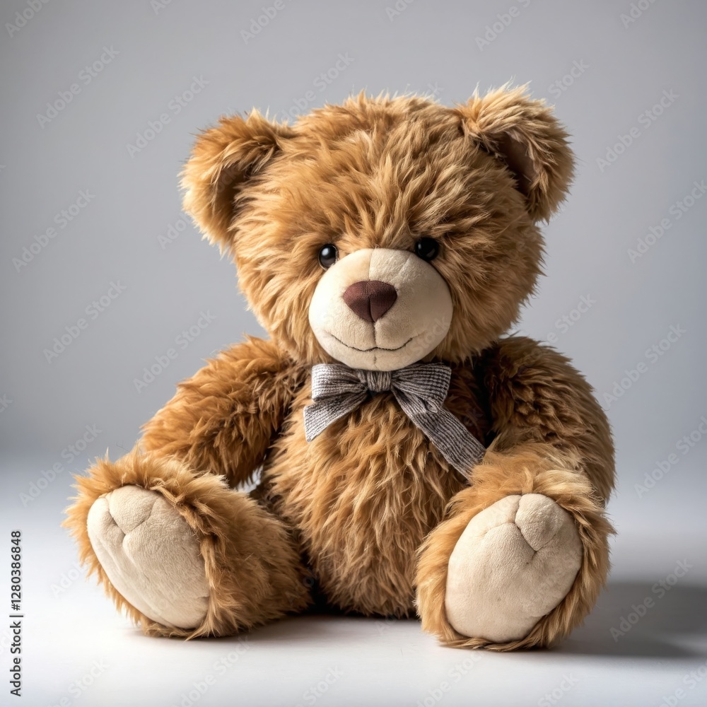 Fototapeta premium Adorable brown teddy bear sitting upright against a simple white backdrop, wearing a charming bow tie