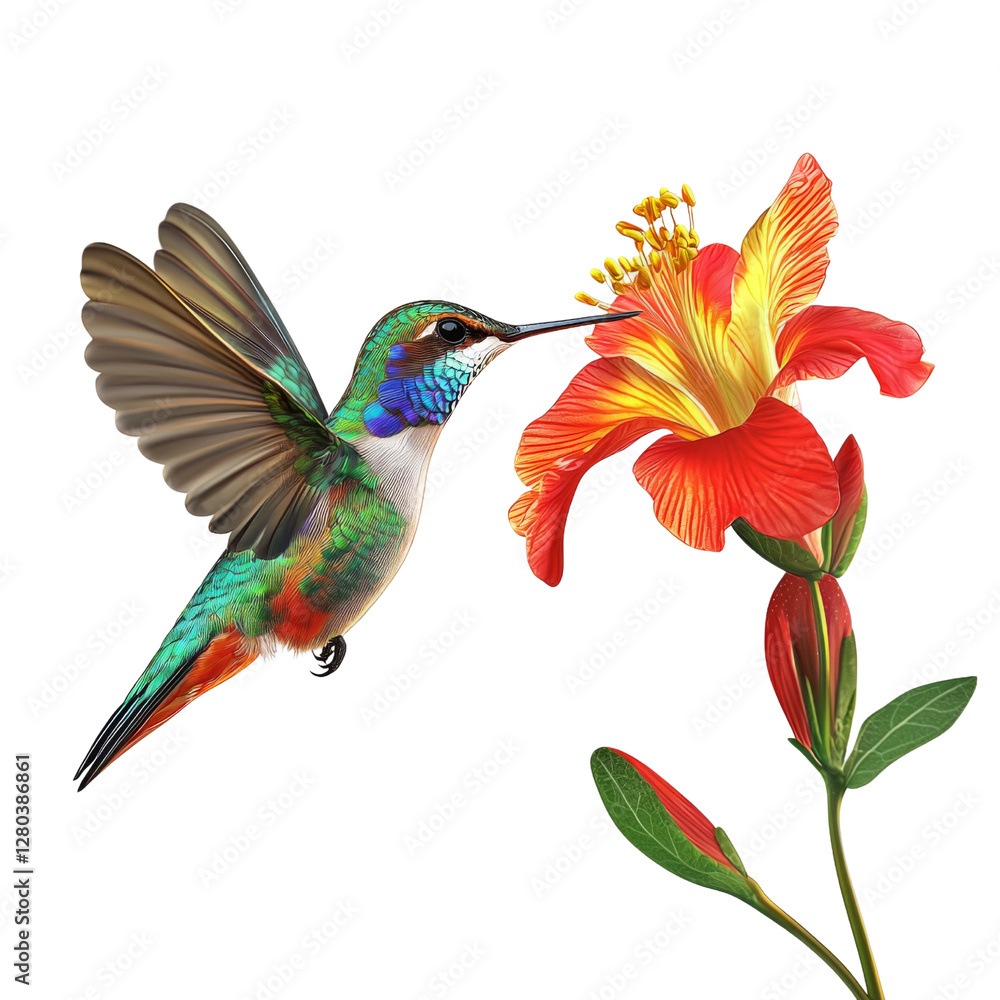 Fototapeta premium vibrant hummingbird hovering near colorful hibiscus flower, showcasing nature beauty and intricate details. scene captures essence of tropical wildlife and floral diversity