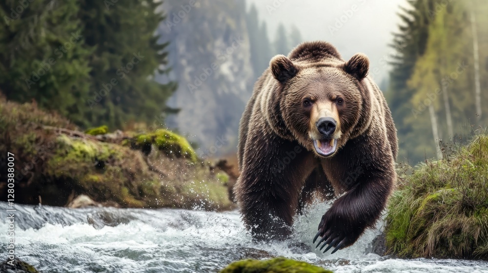 A powerful bear splashes through a river, surrounded by lush greenery and misty mountains, showcasing its strength and natural beauty. A powerful bear splashes through a river, surrounded by lush greenery and misty mountains, showcasing its strength and natural beauty.