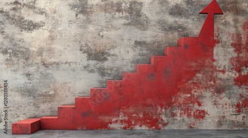 Red staircase leading upward against a textured wall, symbolizing growth and progress photo