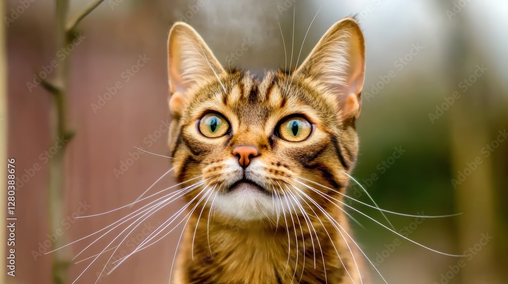 A close-up of a curious cat with striking green eyes and distinct fur patterns, set against a blurred natural background. A close-up of a curious cat with striking green eyes and distinct fur patterns, set against a blurred natural background.