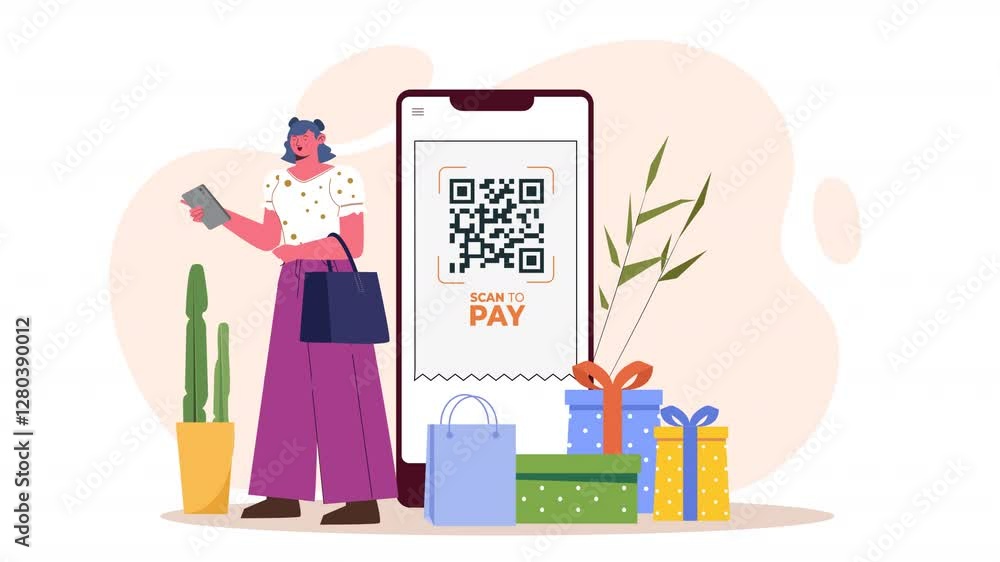 2D flat character scene animation illustrating characters making online payments, such as paying for products, services, or bills, through secure digital payment methods. 2D flat character scene animation illustrating characters making online payments, such as paying for products, services, or bills, through secure digital payment methods.