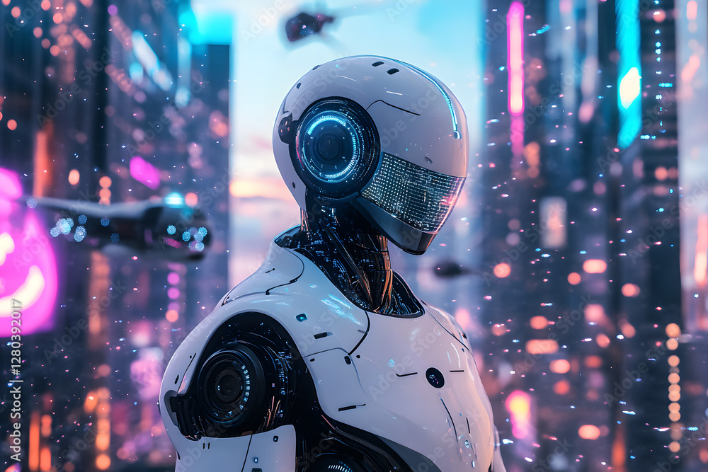 Fototapeta premium Futuristic Robot in Neon Cityscape Digital Art