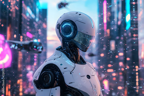 Futuristic Robot in Neon Cityscape Digital Art photo