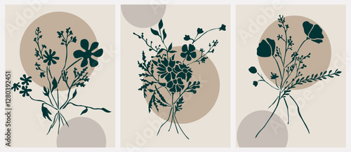 Set of Boho aesthetic botanical wall arts. Retro posters for Scandinavian, Japandi interior design. Vector line art illustrations in pastel beige colors with wild flower bouquet black silhouettes.