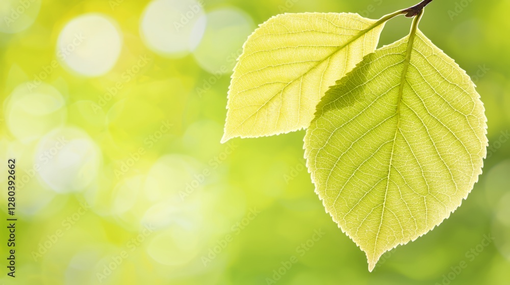 Close Up of Two Vibrant Green Leaves with Soft Bokeh Background Close Up of Two Vibrant Green Leaves with Soft Bokeh Background