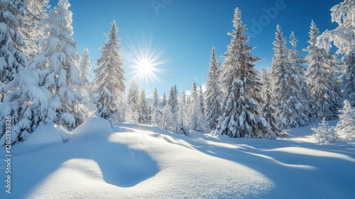 A breathtaking winter landscape with snow-laden trees under a clear, sunny sky