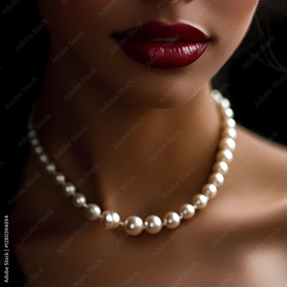 Elegant woman showcasing a pearl necklace with bold red lips in an atmospheric setting Elegant woman showcasing a pearl necklace with bold red lips in an atmospheric setting