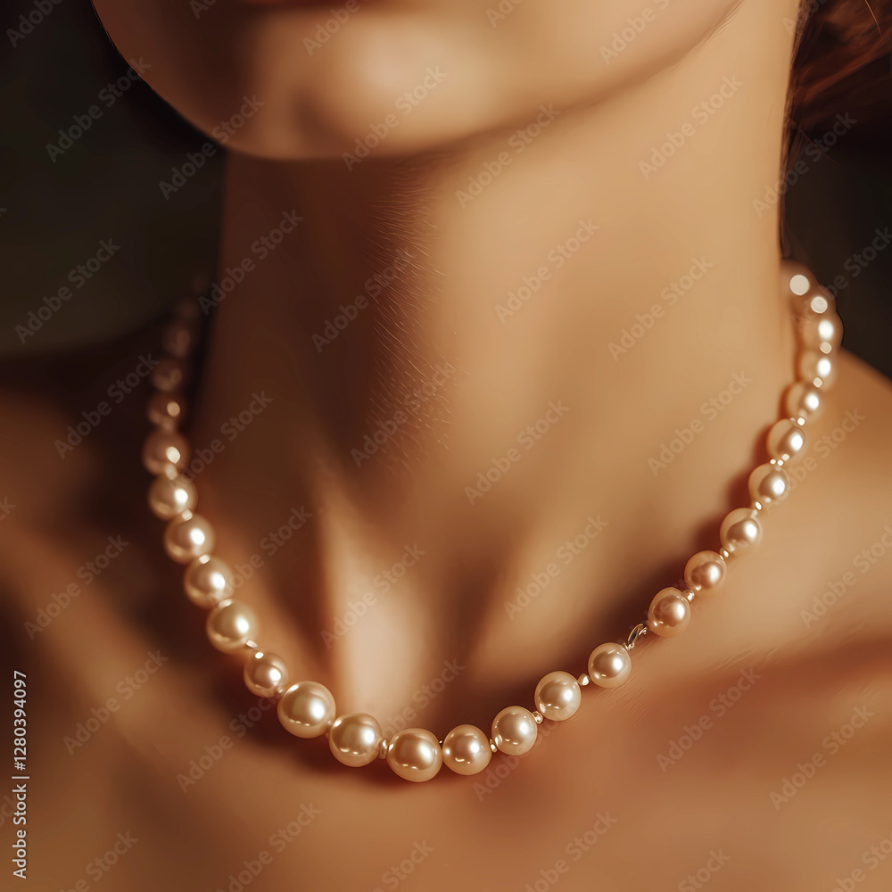 Elegant pearl necklace showcased on a woman's neck highlighting timeless beauty and sophistication in soft lighting