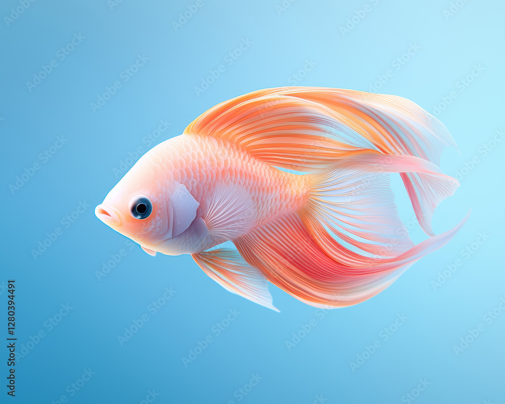Fototapeta premium A vibrant fish with flowing fins swims gracefully against a soft blue background, showcasing its delicate beauty and colorful patterns.