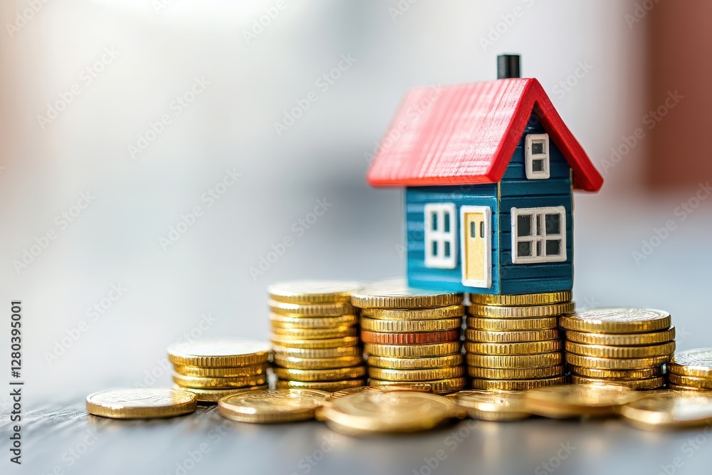 Vibrant tiny house perched on meticulously stacked golden coins, symbolizing wealth and creativity. Vibrant tiny house perched on meticulously stacked golden coins, symbolizing wealth and creativity.