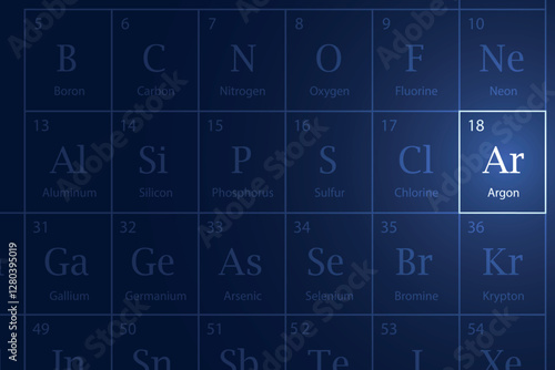 Argon element glowing in a dark periodic table