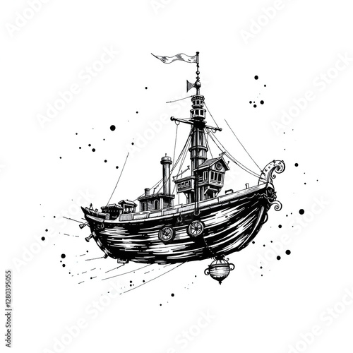 Fantasy Airship Hand-Drawn Sketch – Detailed Black & White Illustration