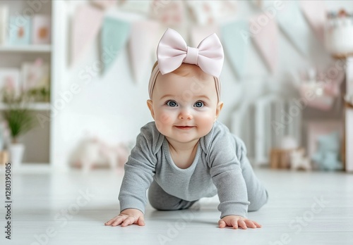 Charming baby enjoys crawling playfully in a cozy family room surrounded by pastel decorations and soft colors, birthday celebration and photoshoot concept