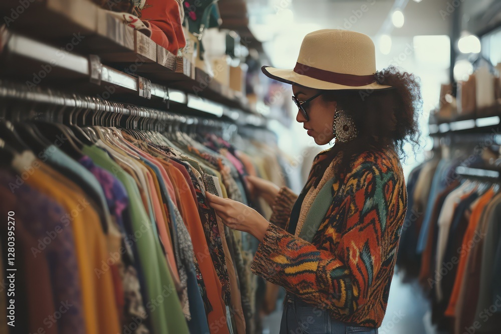 A stylish woman browsing through racks of second-hand clothing in a trendy thrift store.