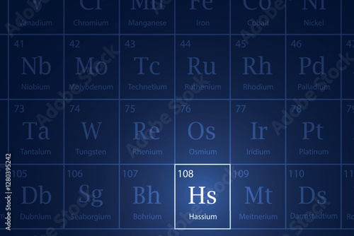 Hassium element glowing in a dark periodic table