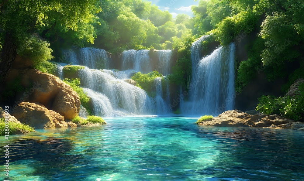 Fototapeta premium Serene Waterfall Landscape Peaceful Nature Scene
