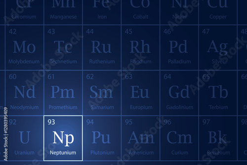 Neptunium element glowing in a dark periodic table