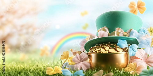 A green hat rests beside a pot of gold surrounded by colorful flowers on a grassy field. A rainbow arcs in the background creating a festive atmosphere filled with joy