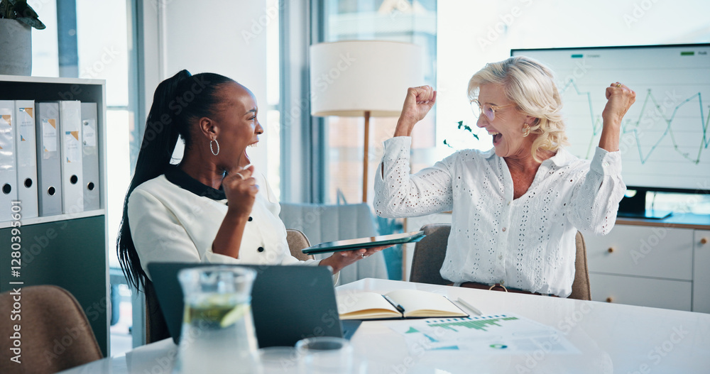 Obraz premium Business women, tablet and celebrate success, teamwork and excited for achievement in office. Winning, manager and cheers together with financial metrics, victory and target for investment growth