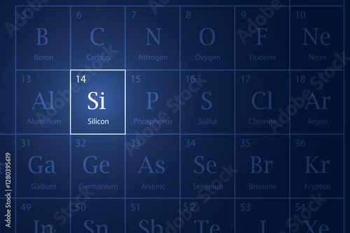 Silicon element glowing in a dark periodic table