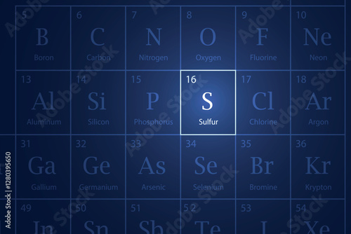 Sulfur element glowing in a dark periodic table