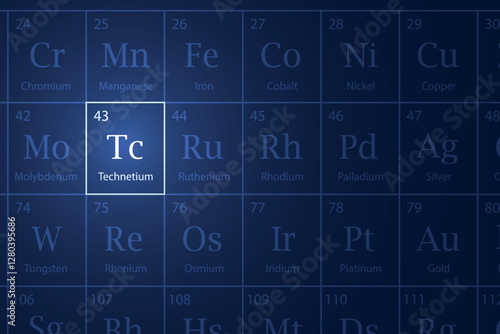 Technetium element glowing in a dark periodic table