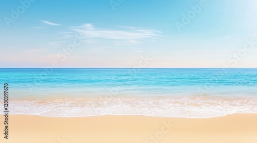 A serene beach scene featuring soft sand and calm blue waters under a clear sky, ideal for relaxation and tranquility.