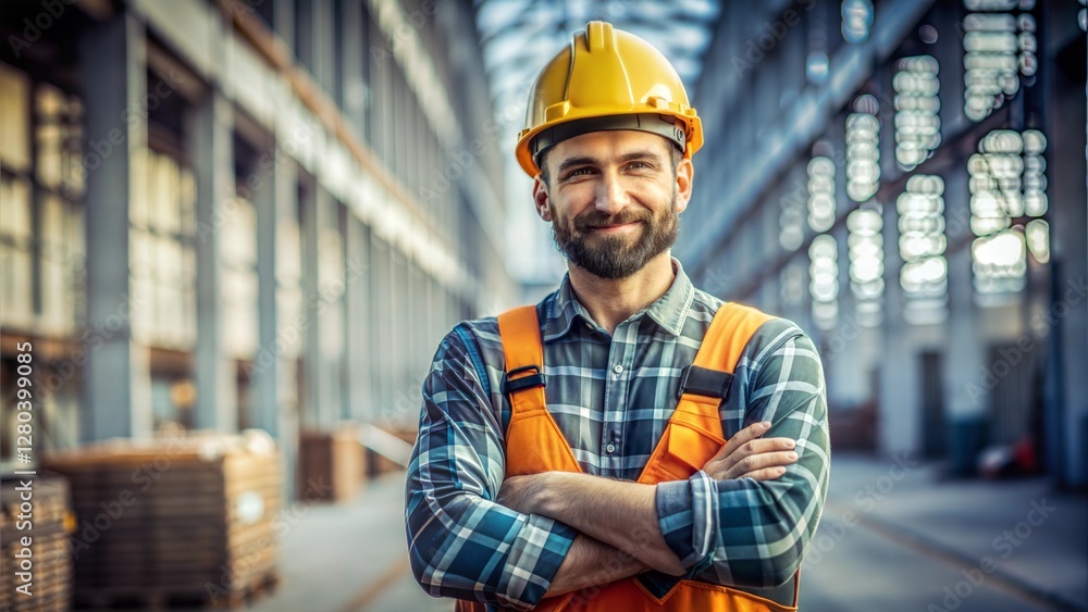 Portrait of Successful Builder / Worker / Contractor Wearing Hard Hat and Safety Vest Standing on a Commercial Building Construction Site, Crosses Arms Confidently Portrait of Successful Builder / Worker / Contractor Wearing Hard Hat and Safety Vest Standing on a Commercial Building Construction Site, Crosses Arms Confidently
