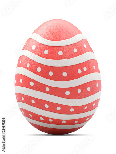 Vividly red painted easter egg with white stripes, colorful Easter bunny egg with shadow png image, Easter egg hunt