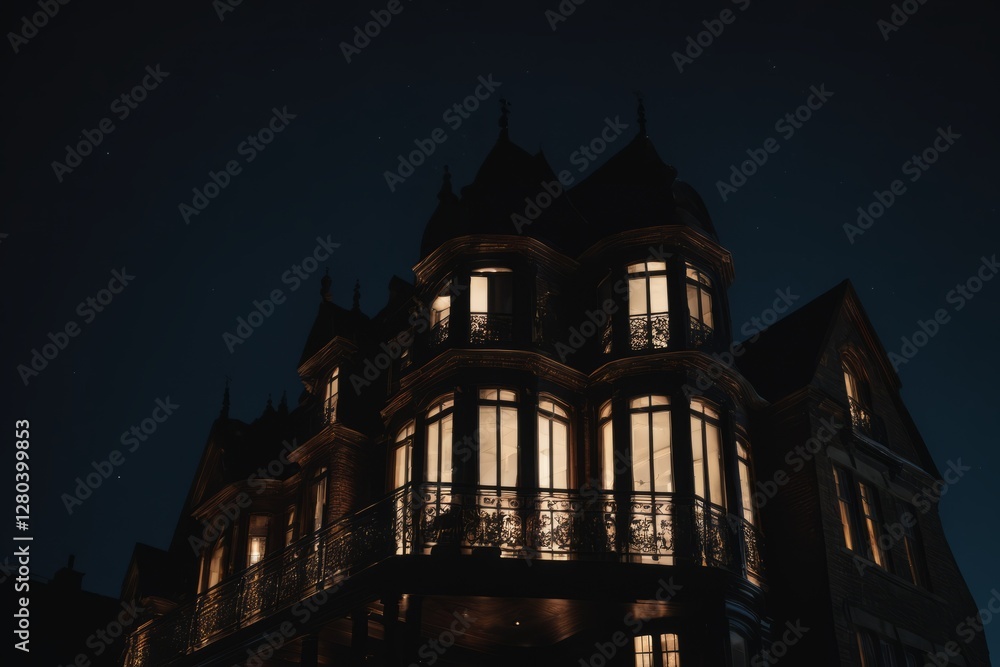 Old house with medieval architecture at night town with bright lamp, light, brick and stone exterior Old house with medieval architecture at night town with bright lamp, light, brick and stone exterior