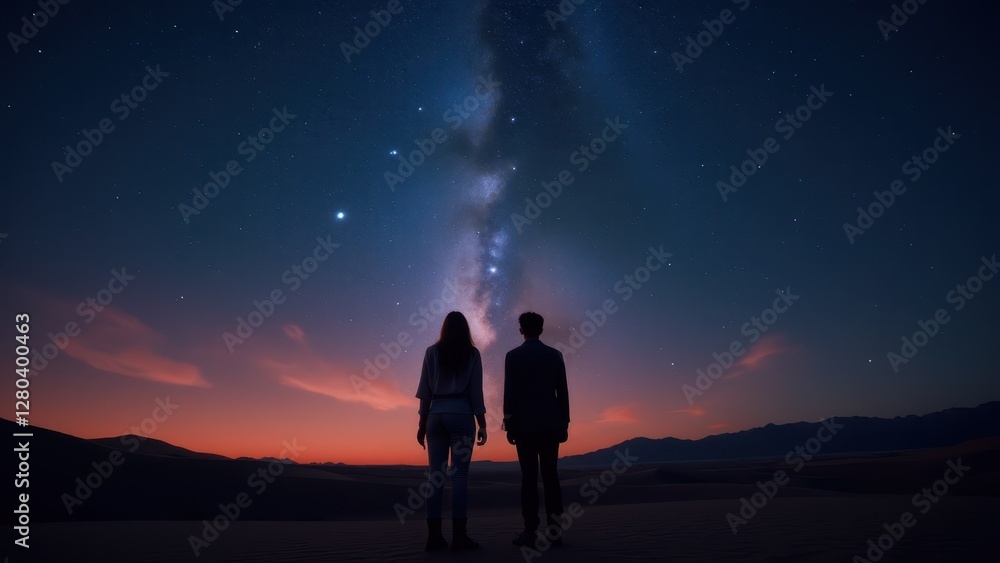 Two people stand in a desert at dusk, gazing at the Milky Way in the night sky. Two people stand in a desert at dusk, gazing at the Milky Way in the night sky.