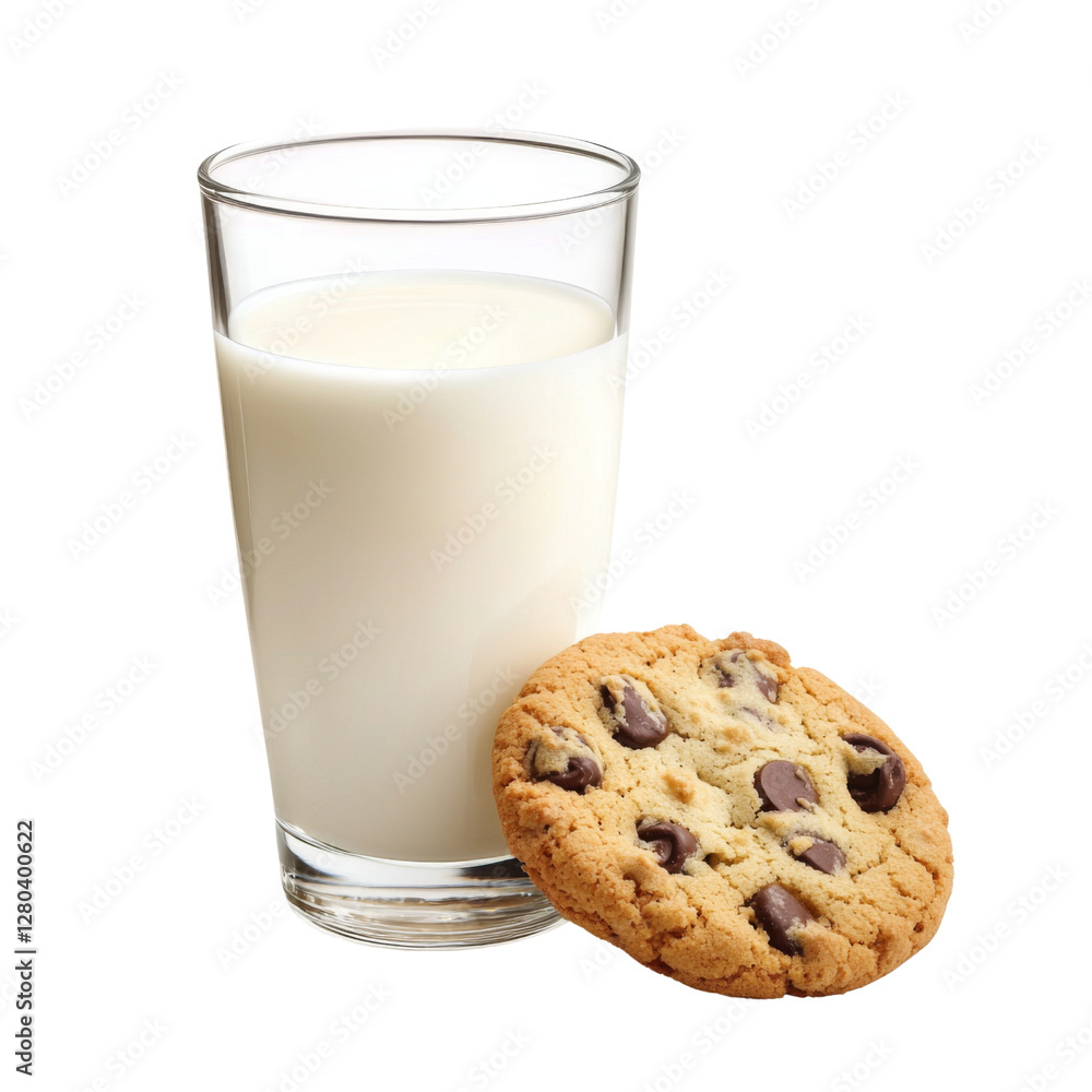 Delicious glass of milk with cho te chip cookie, perfect for snack or dessert. Enjoy classic combination of creamy milk and sweet cookie Delicious glass of milk with cho te chip cookie, perfect for snack or dessert. Enjoy classic combination of creamy milk and sweet cookie
