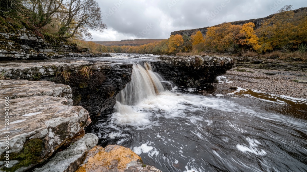 Autumn Waterfall in a Rocky Gorge; Natural Beauty