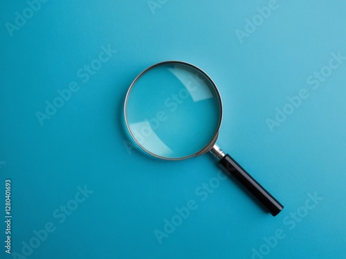 A sleek magnifying glass resting on a vibrant blue background, showcasing its reflective surface.