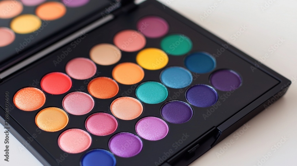 A vibrant eyeshadow palette featuring a variety of colorful shades arranged in a compact case, perfect for makeup enthusiasts. A vibrant eyeshadow palette featuring a variety of colorful shades arranged in a compact case, perfect for makeup enthusiasts.