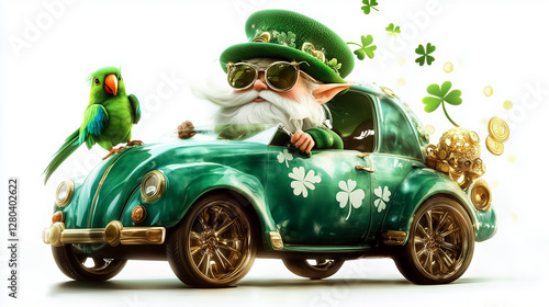 Elf sits in a colorful retro car adorned with shamrocks and gold coins, while a parrot stands proudly on the roof. The background is pure white, creating a dreamy surreal effect